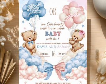 Teddy Bear Gender Reveal Invitation, We Can Bearly Wait, He or She (Digital Download)