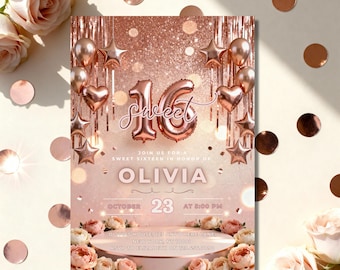 Rose gold Sweet Sixteen Invitation , Glam Birthday Party Printable, Elegant 16th Birthday Invite