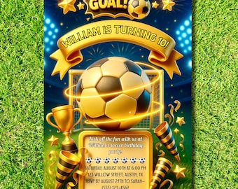 Könnte beinhalten: Fußball-Geburtstagseinladung mit einem gold-schwarzen Fußball, Tor und Trophäe. Der Text lautet "GOAL!" und "WILLIAM IS TURNING 10!". Party-Details sind ebenfalls enthalten.