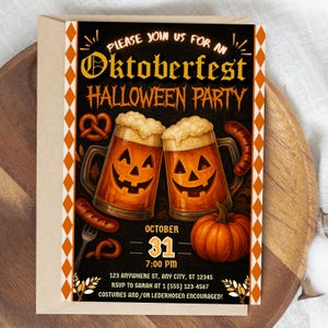 May include: An Oktoberfest Halloween party invitation with a black background, featuring two beer mugs carved with jack-o'-lantern faces. The invitation includes the text "PLEASE JOIN US FOR AN Oktoberfest HALLOWEEN PARTY".