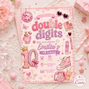 May include: A pink birthday invitation card featuring the text double digits and Emilia's 10th birthday. The design includes illustrations of a disco ball, heart-shaped sunglasses, makeup, a sneaker, a rotary phone, and a drink cup on a checkered background.
