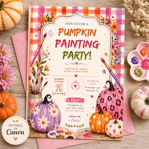 May include: A rectangular invitation for a Pumpkin Painting Party with a pink and orange plaid border. The text reads Join Us For A Pumpkin Painting Party, Saturday October 26, 3:00 PM, The Creative Studio, 123 Pumpkin Lane, and RSVP details.