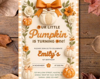 Invito per il primo compleanno a forma di zucca: festa autunnale, modello modificabile (download digitale)
