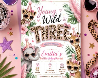 Young Wild and Three Birthday Invitation Girl, Safari Party Animals 3rd Birthday Invite, pink coquette Leopard Print Jungle Theme