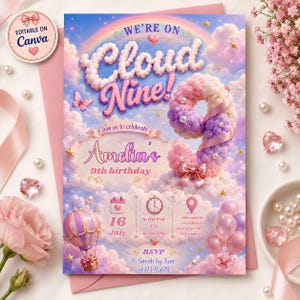 Pastel 9th Birthday Invitation: Cloud Nine Party invite, Editable Canva Template (Digital Download)