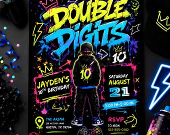 Double Digits Birthday Invitation Neon Glow Party Invite 10th Birthday Template Printable Boy Glow In The Dark