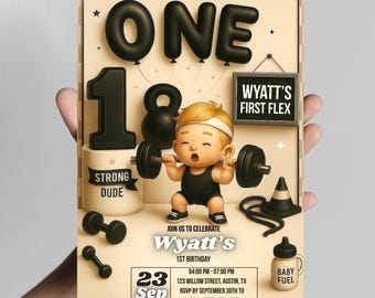 Strong One 1st Birthday Invitation: Gym Theme, strong dude (Digital Download 5x7" Canva Template)