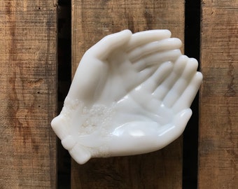 Vintage White Milk Glass Prayer Hands Dish Catchall, Avon 1970s