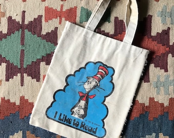 Vintage 1957 Dr. Seuss Children’s Tote Bag, Librabry Book Bag, Cat in the Hat