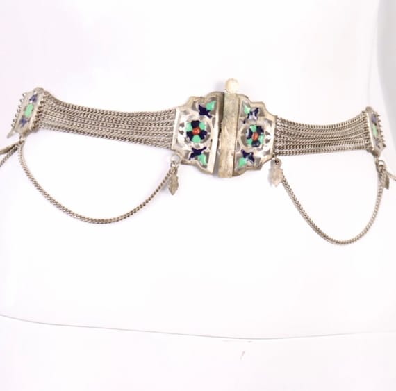 Vintage 1960’s Multi Chain East Indian Enameled Festoon Belt Vintage 1960s Enameled East Indian Metal Festoon Chain Belt  main image 2