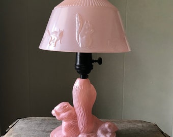 Vintage LE Smith 1940's Pink Glass Squirrel Table Lamp, Cottagecore, Nature, Cabin Decor