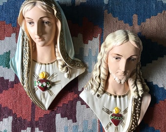 Vintage Mary and Jesus Chalkware Bust Set, Religious Decor, Wall Hanging