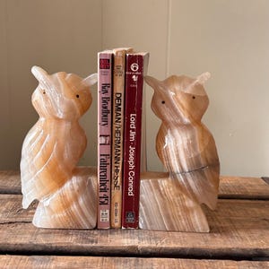 Vintage MCM Set Carved Beige Tan Onyx Owl Bookends, Nature Home Decor