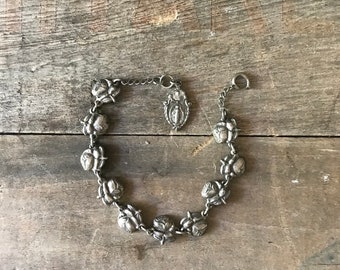 Vintage Religious Charm Bracelet, Link Rose Bracelet, Sterling Silver