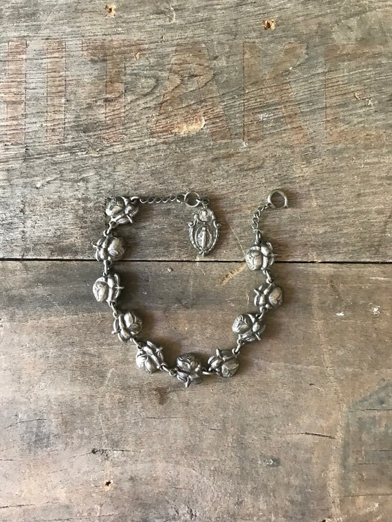 Vintage Religious Charm Bracelet, Link Rose Bracel