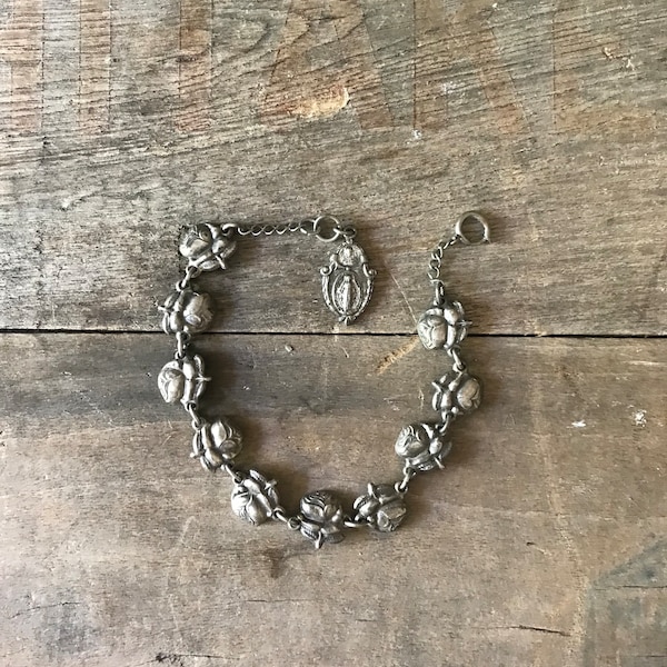 Vintage Religious Charm Bracelet, Link Rose Bracelet, Sterling Silver