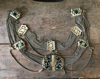 Vintage 1960s Enameled East Indian Metal Festoon Chain Belt, Layered Multi-Chain