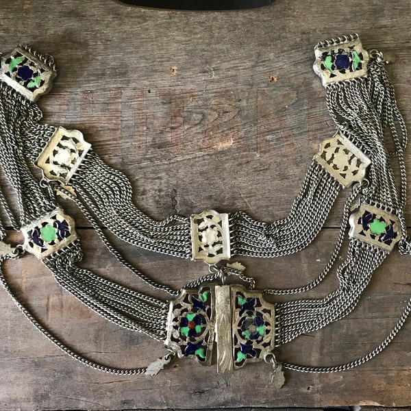 Vintage 1960s Enameled East Indian Metal Festoon Chain Belt, Layered Multi-Chain