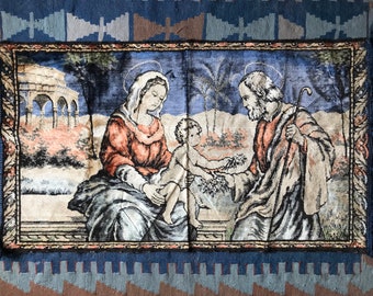 Vintage Nativity Scene Tapestry, Velvet Wall Hanging, Jesus Mary and Joseph, Religious Decor