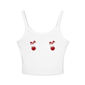 Cherry Tank Top, Cute Red Women&#39;s Spaghetti Strap, Summer Shirt, Fruit Print Fashion, Floral Cami Sleeveless Tee