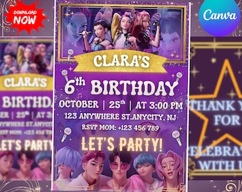 K-Pop Inspired Birthday Invitation | Editable Canva Template | Kids Music Theme Party Invite