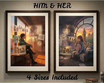 Sad Anime Couple Wall Art Set, His & Her, Long Distance Relationship Memory Posters, Aesthetic Sunset Room Decor, Emotional Anniversary Gift
