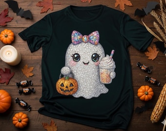 Sparkling Rhinestone Ghost Boo Halloween Pumpkin Ghost PNG – Neon Crystal Bling Design