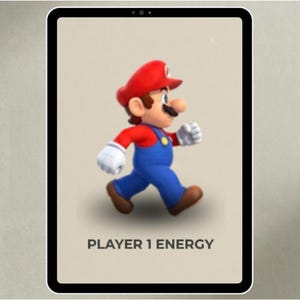 May include: A digital illustration of the character Mario from the Super Mario video game series. Mario is depicted in his signature red hat, red shirt, blue overalls, and white gloves, walking with a determined expression. The text "PLAYER 1 ENERGY" is displayed below the character.