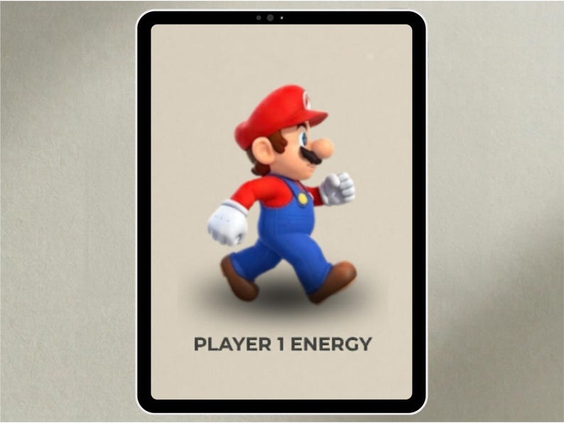 May include: A digital illustration of the character Mario from the Super Mario video game series. Mario is depicted in his signature red hat, red shirt, blue overalls, and white gloves, walking with a determined expression. The text "PLAYER 1 ENERGY" is displayed below the character.