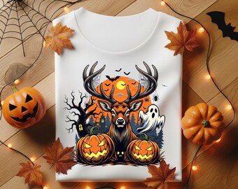 Halloween Deer Clipart with Pumpkins Ghost and Bats | Spooky Autumn Forest Halloween Design