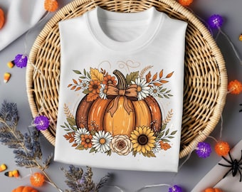 Fall Pumpkin with Flowers Clipart | Autumn Harvest Floral PNG | 3600x3600 Digital Download