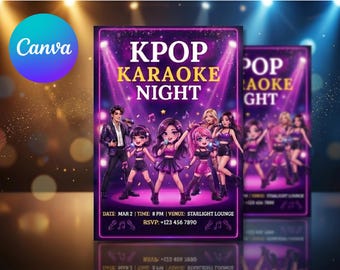 KPOP Karaoke Night Invitation Template | Editable Canva Party Invite | Neon Music Birthday Dance Party Digital Download