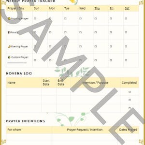May include: A weekly prayer tracker with a gold border and floral accents. The tracker includes sections for daily prayers, novena logs, and prayer intentions. The text "PRAYER Week 5" is at the top. The word "SAMPLE" is watermarked across the image.