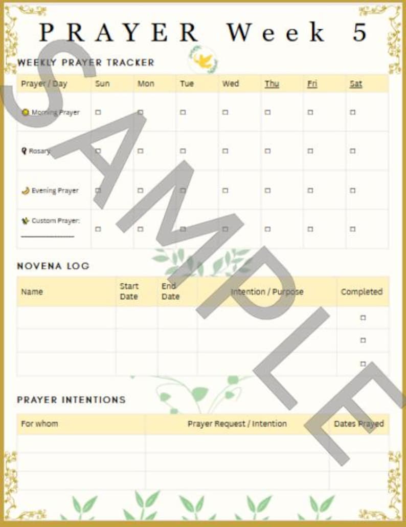 May include: A weekly prayer tracker with a gold border and floral accents. The tracker includes sections for daily prayers, novena logs, and prayer intentions. The text "PRAYER Week 5" is at the top. The word "SAMPLE" is watermarked across the image.