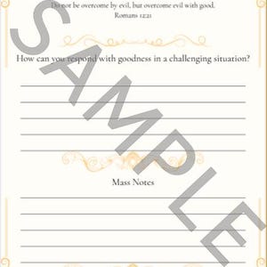 May include: Cream-colored journal page with the text "JOURNAL Week 25" at the top. The page includes lined spaces for writing, with decorative flourishes and the word "SAMPLE" overlaid. Text includes a Bible verse and prompts.