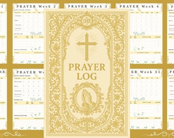 May include: A gold-toned prayer log with a cross and praying hands design. The cover reads "PRAYER LOG" and is surrounded by ornate floral patterns. Weekly prayer trackers are visible, with the weeks labeled 1, 2, 3, 4, 5, 48, 51, and 52.