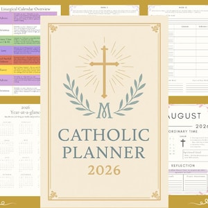 May include: A 2026 Catholic Planner with a cream cover, a cross, olive branches, and the text "Catholic Planner 2026." The planner includes calendar pages, reflection sections, and liturgical calendar overviews.