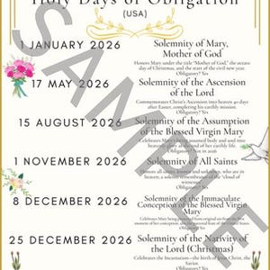 May include: A decorative 2026 Holy Days of Obligation calendar for the USA, featuring dates and religious observances. The design includes floral accents, gold borders, and the text "SAMPLE" overlaid. Key dates include January 1st, May 17th, August 15th, November 1st, December 8th, and December 25th.