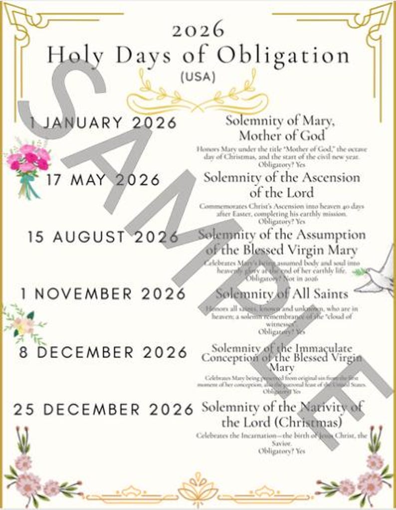 May include: A decorative 2026 Holy Days of Obligation calendar for the USA, featuring dates and religious observances. The design includes floral accents, gold borders, and the text "SAMPLE" overlaid. Key dates include January 1st, May 17th, August 15th, November 1st, December 8th, and December 25th.