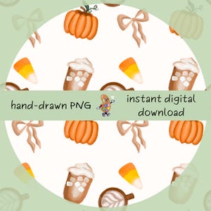 May include: A digital illustration with a repeating pattern of pumpkins, bows, candy corn, and iced coffee. The text "hand-drawn PNG" and "instant digital download" are included. The design has a fall theme with a white background and a green border.