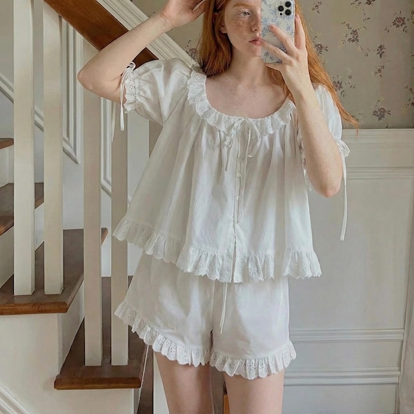 FinalSale* 100% Cotton Short Sleeve Pajamas Set - White Embroidered Vintage Sleepwear - French Romantic Ruffle Lounge Set