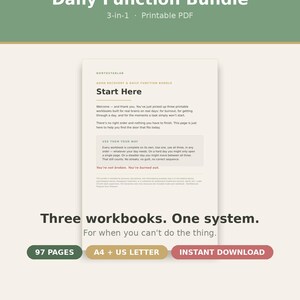 May include: A digital ADHD Recovery & Daily Function Bundle printable PDF workbook set. The document features the text Start Here, Northstarlab, and Three workbooks. One system. It includes 97 pages in A4 and US Letter sizes for instant download.