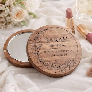 Personalized Wooden Compact Mirror with Engraved Name or Initials, Custom Bridesmaid Gift, Wedding Favor, Purse Mirror, Birthday Gift Idea