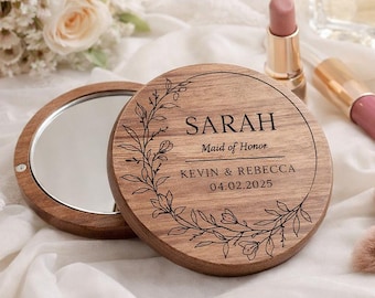 Espejo compacto de madera personalizado con nombre o iniciales grabadas, regalo personalizado para dama de honor, recuerdo de boda, espejo para bolso, idea de regalo de cumpleaños.