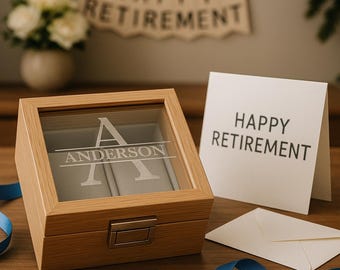 Custom Engraved Wooden Watch Box with Glass Lid – Personalized Initial and Name Keepsake Box for Men, Retirement, Birthday or Groomsmen Gift