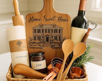 Acacia Wood Cutting Board Set with Matching 9" Utensils and Branded Tea Towel – Elegant Housewarming or Realtor Closing Gift