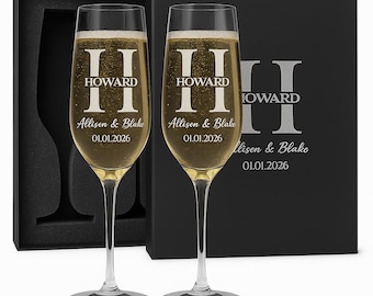 Personalized Wedding Champagne Glasses Set with Custom Name Box and Gift Bag – Elegant Anniversary or Newlywed Gift for Couples