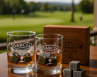 Personalized Whiskey Glass Gift Set with Custom Engraving, 2 Glasses 6 Stones in Wooden Box, Groomsmen Gift for Him Husband Dad