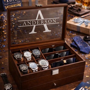 May include: A wooden watch and sunglasses organizer with a clear glass top, engraved with the name "Anderson". The organizer holds multiple watches and sunglasses. The image also shows a watch, Father's Day card, and other gifts.