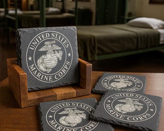 Juego de posavasos de pizarra militar personalizados con soporte de madera: posavasos personalizados de las Fuerzas Armadas de EE. UU., 6 piezas de pizarra, regalo del Cuerpo de Marines de EE. UU.
